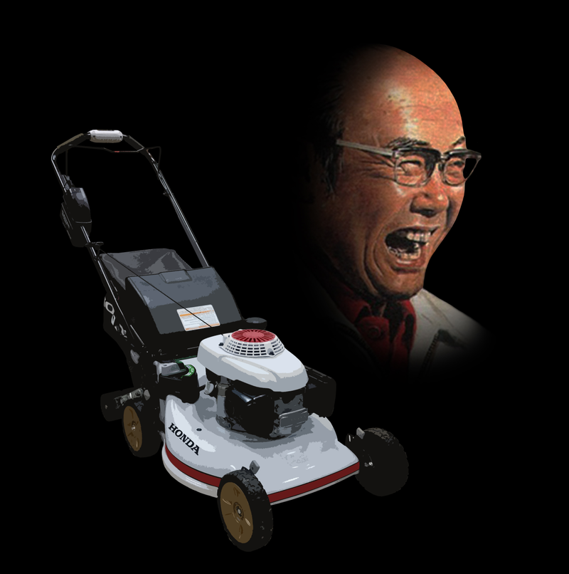 Honda McMower HRRA273 and founder Sorichiro Honda - archive portrait, unknown date